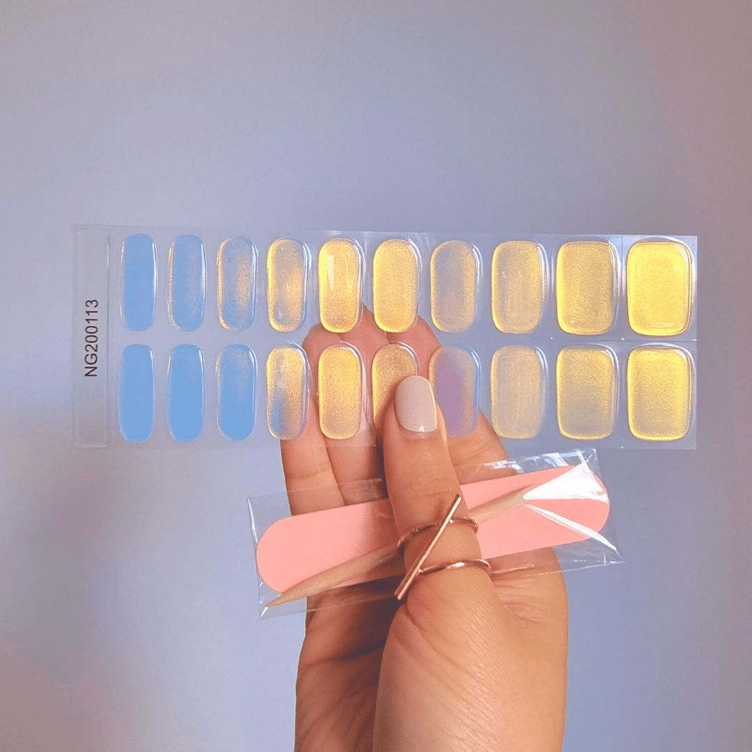Gellae Icy Blue Yellow (Pearlescent) DIY Semicured Gel Nail Sticker Wrap Kit